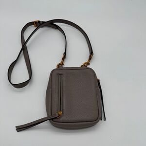 SMAAK Amsterdam taupe/grey leather mini crossbody bag with brass hardware
